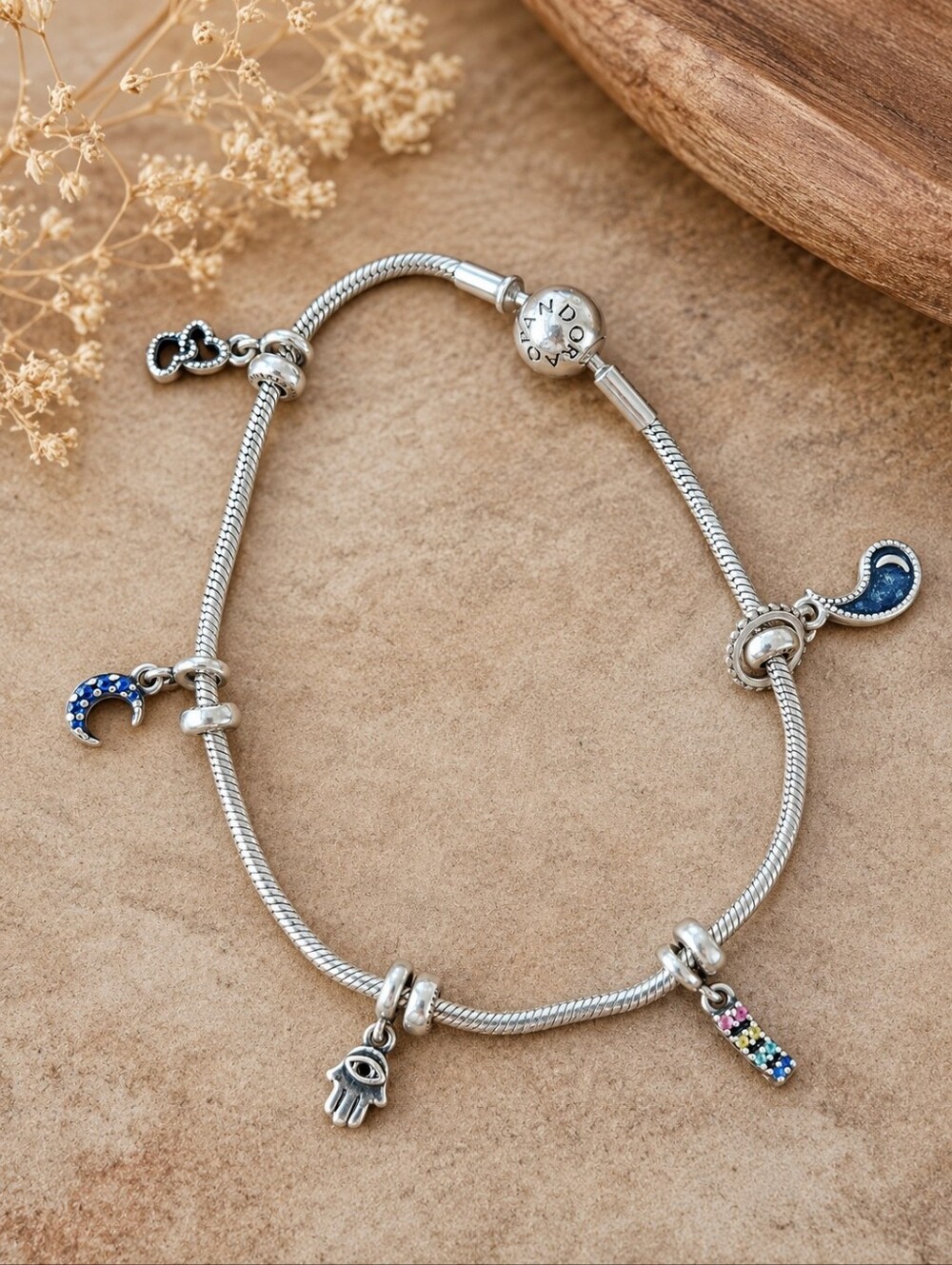 Pandora 925 ALE Sterling Silver Charm Bracelet 7.5” Celestial Moon Evil Eye